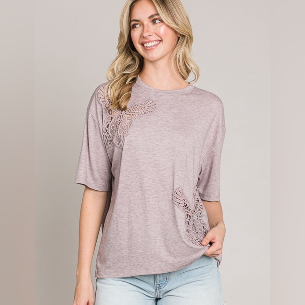 Lace Detail Short Sleeve Tee - Dusty Mauve